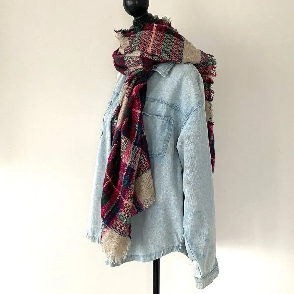 Pistil Soft Beige Red Green Oversized Scarf Casual Chic Boho Preppy Academia